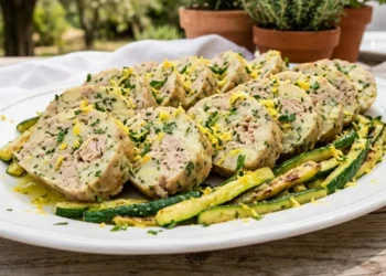 Fette sode e compatte di polpettone freddo di tonno e patate al limone con zucchine croccanti.