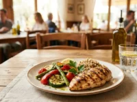 Un piatto di petto di pollo alla griglia con verdure arrosto e quinoa servito su un tavolo in legno di un ristorante, opzione ideale per un pranzo fuori a dieta.