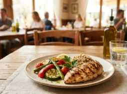 Un piatto di petto di pollo alla griglia con verdure arrosto e quinoa servito su un tavolo in legno di un ristorante, opzione ideale per un pranzo fuori a dieta.