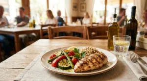 Esempio di pranzo salutare al ristorante Un piatto di petto di pollo alla griglia con verdure arrosto e quinoa servito su un tavolo in legno di un ristorante, opzione ideale per un pranzo fuori a dieta.
