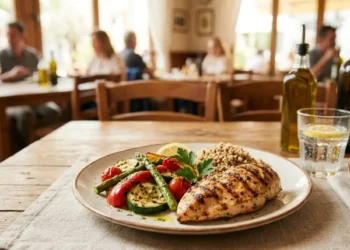 Esempio di pranzo salutare al ristorante Un piatto di petto di pollo alla griglia con verdure arrosto e quinoa servito su un tavolo in legno di un ristorante, opzione ideale per un pranzo fuori a dieta.