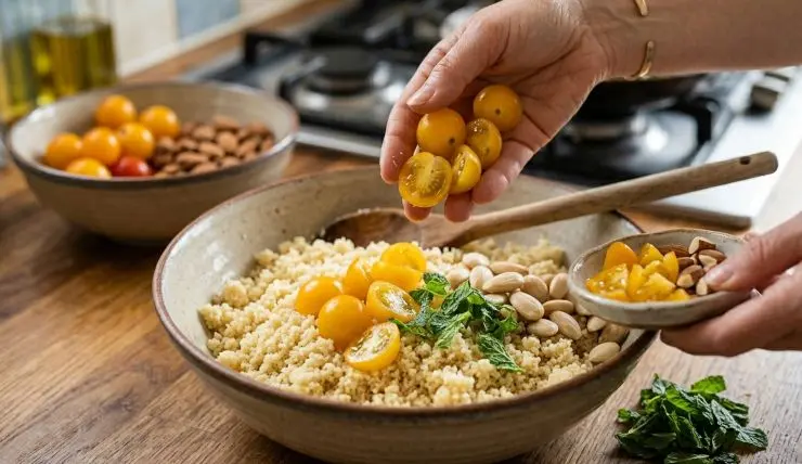 Togliete il coperchio dal cous cous, aggiungete un cucchiaio d’olio e sgranate bene con la forchetta. Unite le zucchine, i pomodorini gialli, le mandorle e la menta spezzettata a mano (non tagliatela col coltello per evitare di farla annerire).