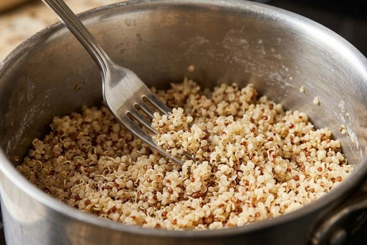 Sciacquate accuratamente la quinoa sotto l’acqua corrente all’interno di un colino a maglie fitte per eliminare la saponina (che le darebbe un gusto amaro). Cuocetela in una pentola con il doppio del suo volume di acqua leggermente salata: coprite con un coperchio e lasciate cuocere per assorbimento a fuoco basso per circa 15 minuti, finché i chicchi saranno gonfi. Sgranatela con una forchetta e lasciatela raffreddare.