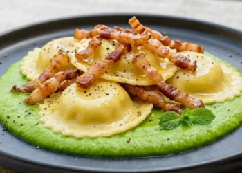 Ravioli di ricotta adagiati su una crema di piselli freschi verde brillante e guarniti con guanciale croccante.