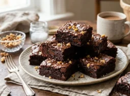 Foto di copertina con una pila di brownies al cioccolato americani, tagliati a cubetti e serviti su un piatto rustico. I brownies mostrano una superficie lucida e crepata, un interno morbido (fudgy) con pezzi di cioccolato e una guarnizione di noci tritate e fiocchi di sale.