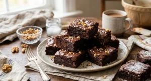 Foto di copertina con una pila di brownies al cioccolato americani, tagliati a cubetti e serviti su un piatto rustico. I brownies mostrano una superficie lucida e crepata, un interno morbido (fudgy) con pezzi di cioccolato e una guarnizione di noci tritate e fiocchi di sale.