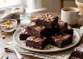 Foto di copertina con una pila di brownies al cioccolato americani, tagliati a cubetti e serviti su un piatto rustico. I brownies mostrano una superficie lucida e crepata, un interno morbido (fudgy) con pezzi di cioccolato e una guarnizione di noci tritate e fiocchi di sale.
