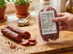 richiamo-salsiccia-ciociara-piccante-salprosciutti Quattro salsicce ciociare piccanti confezionate e sigillate in una vaschetta trasparente su uno sfondo bianco neutro.