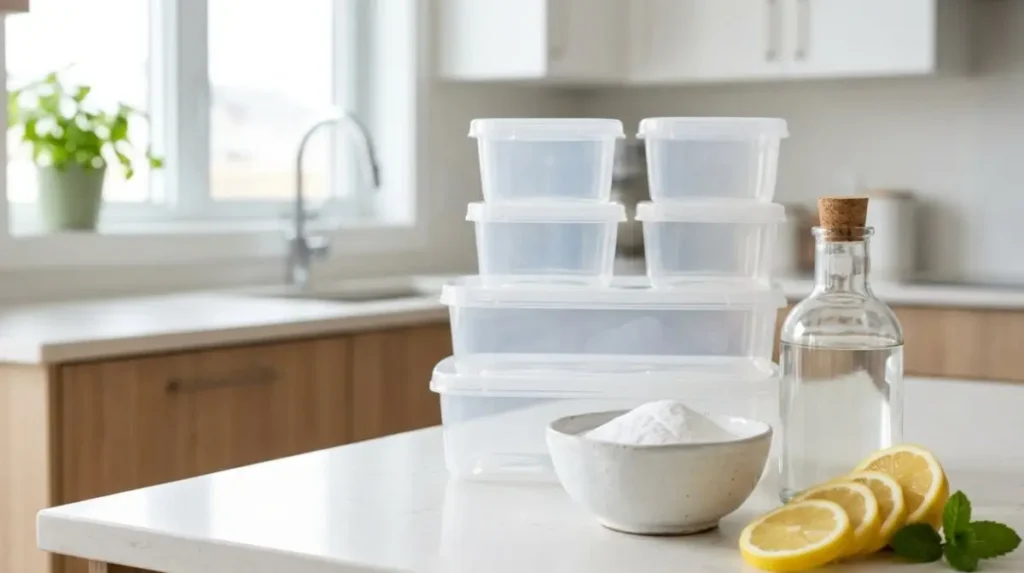 Contenitori di plastica trasparenti su un piano cucina con bicarbonato, limone e aceto bianco per eliminare i cattivi odori.