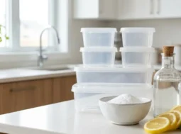 Contenitori di plastica trasparenti su un piano cucina con bicarbonato, limone e aceto bianco per eliminare i cattivi odori.