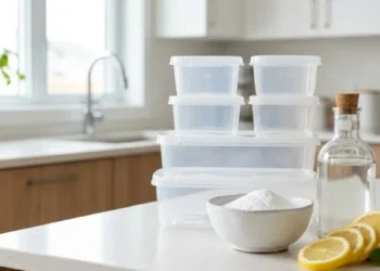 Contenitori di plastica trasparenti su un piano cucina con bicarbonato, limone e aceto bianco per eliminare i cattivi odori.