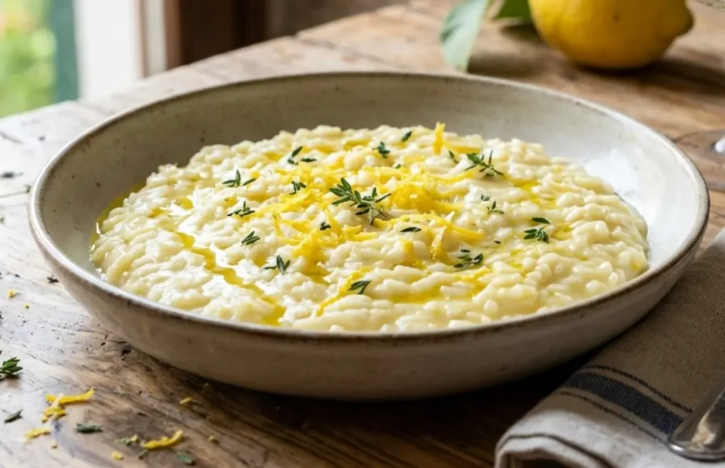 Risotto cremoso mantecato all'onda servito in un piatto rustico, decorato con zeste di limone fresche e foglioline di timo, accanto a un calice di Prosecco su un tavolo di legno.