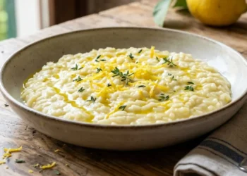Risotto cremoso mantecato all'onda servito in un piatto rustico, decorato con zeste di limone fresche e foglioline di timo, accanto a un calice di Prosecco su un tavolo di legno.