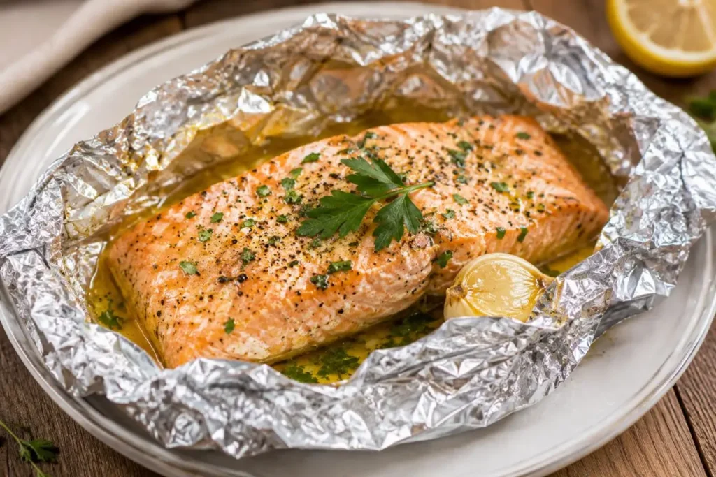 Salmone al cartoccio appena cotto e servito con prezzemolo e limone