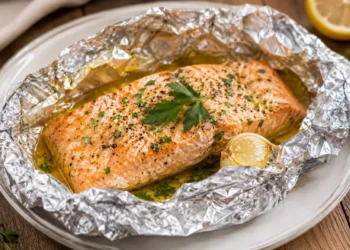 Salmone al cartoccio appena cotto e servito con prezzemolo e limone