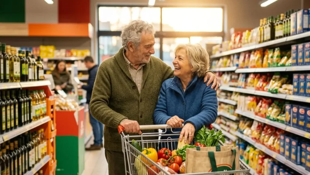 Sconti spesa over 60 nei supermercati Coppia di anziani sorridenti fa la spesa con il carrello tra le corsie del supermercato sfruttando gli sconti over 60.