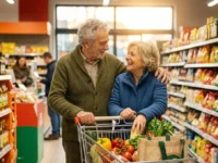 Coppia di anziani sorridenti fa la spesa con il carrello tra le corsie del supermercato sfruttando gli sconti over 60.