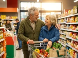 Coppia di anziani sorridenti fa la spesa con il carrello tra le corsie del supermercato sfruttando gli sconti over 60.