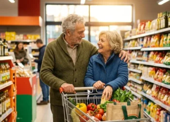 Coppia di anziani sorridenti fa la spesa con il carrello tra le corsie del supermercato sfruttando gli sconti over 60.