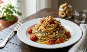 spaghetti-alici-fresche-pomodorini-tarallo-croccante Piatto bianco di spaghetti con alici, pomodorini ciliegino arrostiti e crumble di tarallo napoletano sbriciolato su tavolo di legno rustico.