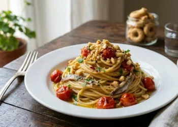 Piatto bianco di spaghetti con alici, pomodorini ciliegino arrostiti e crumble di tarallo napoletano sbriciolato su tavolo di legno rustico.