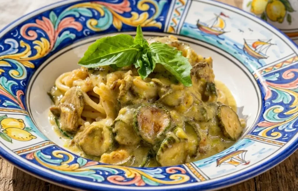 Spaghetti cremosi alla Nerano mantecati con zucchine fritte e provolone del monaco, serviti in un piatto di ceramica decorato stile Vietri con motivi di limoni e mare.