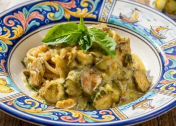 Spaghetti cremosi alla Nerano mantecati con zucchine fritte e provolone del monaco, serviti in un piatto di ceramica decorato stile Vietri con motivi di limoni e mare.