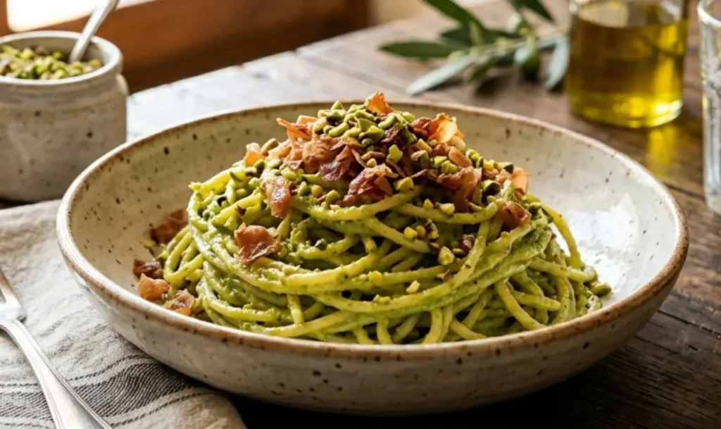Spaghetti alla chitarra al pesto di pistacchi verde brillante con granella e listarelle di prosciutto crudo croccante in ciotola di ceramica rustica su tavolo di legno antico, luce naturale dalla finestra.
