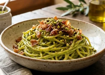 Spaghetti alla chitarra al pesto di pistacchi verde brillante con granella e listarelle di prosciutto crudo croccante in ciotola di ceramica rustica su tavolo di legno antico, luce naturale dalla finestra.