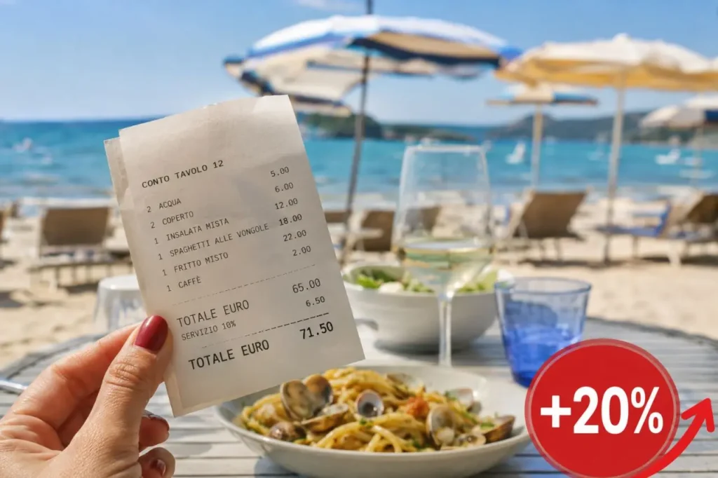 Spesa estiva da incubo: il pranzo sotto l’ombrellone costa il 20% in più Scontrino di un pranzo in spiaggia con aumento dei prezzi del 20%, piatto di pasta e ombrelloni sullo sfondo