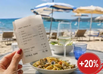 Scontrino di un pranzo in spiaggia con aumento dei prezzi del 20%, piatto di pasta e ombrelloni sullo sfondo