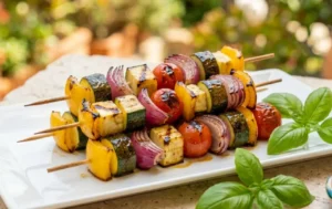Spiedini estivi di verdure sode alla piastra con cubetti compatti di peperoni, zucchine e glassa lucida all'aceto balsamico.