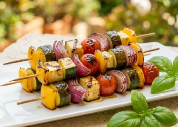 Spiedini estivi di verdure sode alla piastra con cubetti compatti di peperoni, zucchine e glassa lucida all'aceto balsamico.