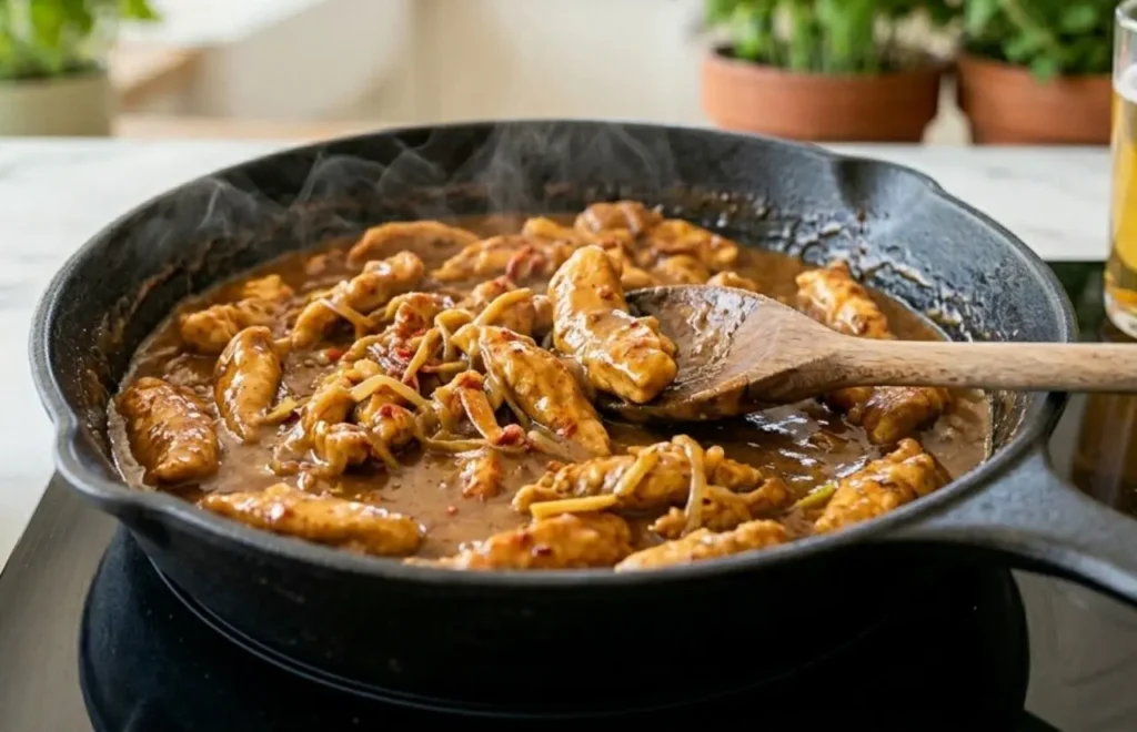 straccetti-pollo-padella-birra-paprika-cremina Straccetti di pollo in padella con una cremina densa e saporita alla birra e paprika, serviti in una padella di ghisa scura