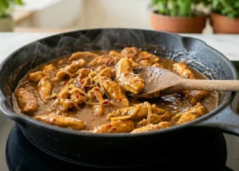 Straccetti di pollo in padella con una cremina densa e saporita alla birra e paprika, serviti in una padella di ghisa scura