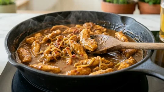 Straccetti di pollo in padella con una cremina densa e saporita alla birra e paprika, serviti in una padella di ghisa scura