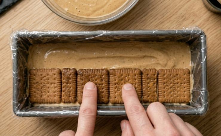 Prendete i biscotti secchi, immergeteli velocemente nella bagna di caffè e latte e create un primo strato compatto sul fondo dello stampo. Coprite con uno strato generoso di crema al caffè livellandola bene, quindi ripetete l’operazione alternando biscotti e crema fino ad esaurimento degli ingredienti, terminando con l’ultimo strato di biscotti. Richiudete i lembi della pellicola trasparente sopra l’ultimo strato e riponete il semifreddo nel congelatore per almeno 3 o 4 ore.