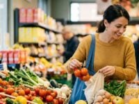 Una donna sorridente fa la spesa risparmiando al supermercato, riempiendo il carrello di prodotti freschi e di stagione.