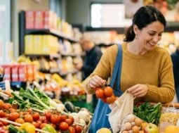 Risparmio sulla Spesa al Supermercato Una donna sorridente fa la spesa risparmiando al supermercato, riempiendo il carrello di prodotti freschi e di stagione.