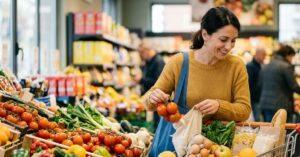 Una donna sorridente fa la spesa risparmiando al supermercato, riempiendo il carrello di prodotti freschi e di stagione.