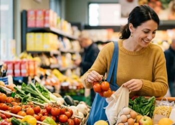 Risparmio sulla Spesa al Supermercato Una donna sorridente fa la spesa risparmiando al supermercato, riempiendo il carrello di prodotti freschi e di stagione.