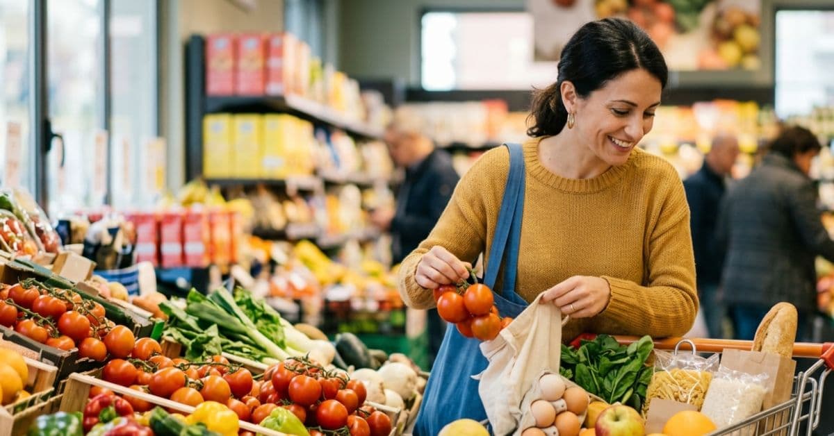 Una donna sorridente fa la spesa risparmiando al supermercato, riempiendo il carrello di prodotti freschi e di stagione.