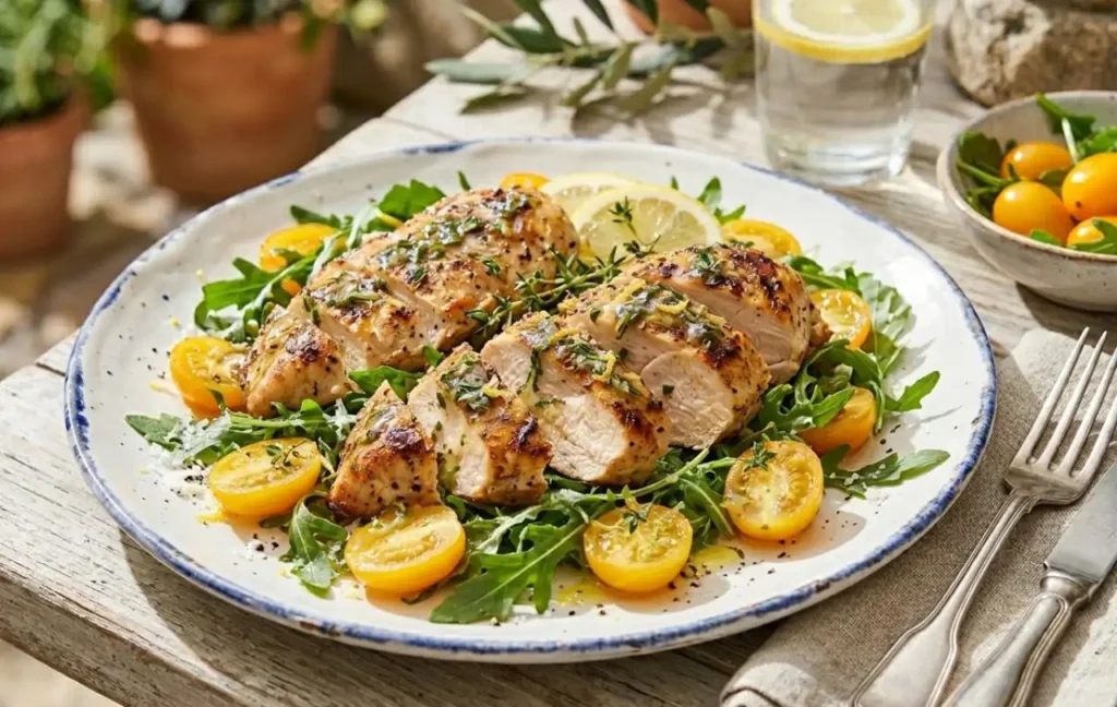 tagliata-pollo-limone-rucola-pomodorini-gialli Petto di pollo grigliato e succoso tagliato a fette spesse, servito su un letto di rucola fresca e pomodorini gialli a metà con fette di limone e timo.