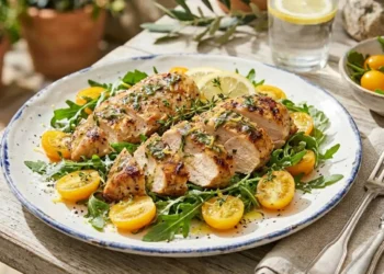 Petto di pollo grigliato e succoso tagliato a fette spesse, servito su un letto di rucola fresca e pomodorini gialli a metà con fette di limone e timo.