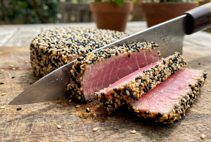 Scaldate una padella antiaderente o una piastra in ghisa a fuoco altissimo: deve essere rovente. Adagiate i tranci di spada e cuoceteli per esattamente 1 minuto per lato (inclusi i bordi laterali). Non prolungate la cottura: l’obiettivo è lasciare il cuore interno rosato, morbido e compatto. Trasferite il pesce spada su un tagliere e, utilizzando un coltello a lama liscia molto affilato, tagliatelo a fette spesse circa un centimetro. Guarnite con i pomodorini confit tiepidi, le olive nere sode intere ed un filo d’olio a crudo. Servite subito!