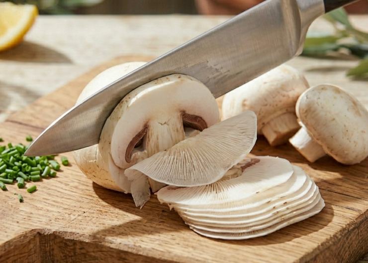 Utilizzando una mandolina o un coltello molto affilato, affettate i funghi champignon nel senso della lunghezza, ottenendo delle fettine sottilissime. Preparate l’emulsione a parte: in una ciotolina versate il succo di limone filtrato ed unite un pizzico di sale fino. Sbattete leggermente con una mini-frusta o una forchetta finché il sale si sarà sciolto, quindi versate l’olio extravergine d’oliva a filo continuando a emulsionare fino a ottenere una salsina densa.