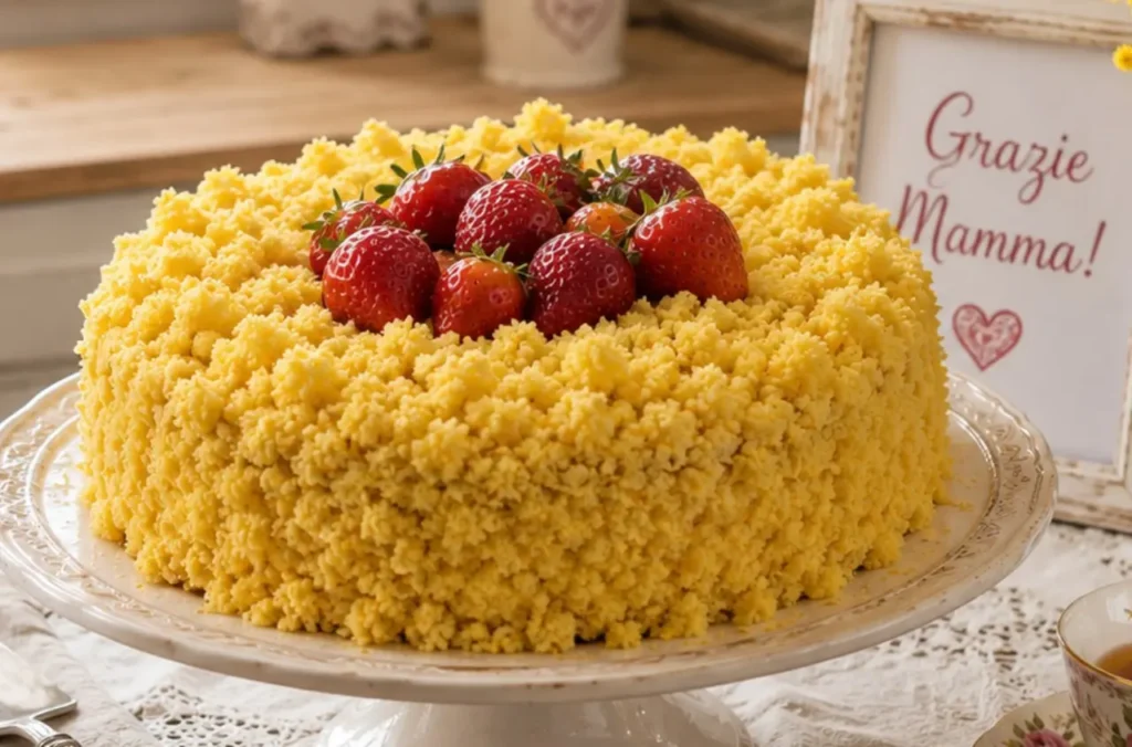 Torta mimosa alle fragole per la Festa della Mamma decorata in stile shabby chic con fragole fresche a cuore