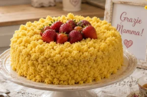 Torta mimosa alle fragole per la Festa della Mamma decorata in stile shabby chic con fragole fresche a cuore