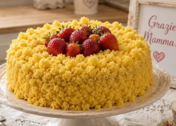 Torta mimosa alle fragole per la Festa della Mamma decorata in stile shabby chic con fragole fresche a cuore