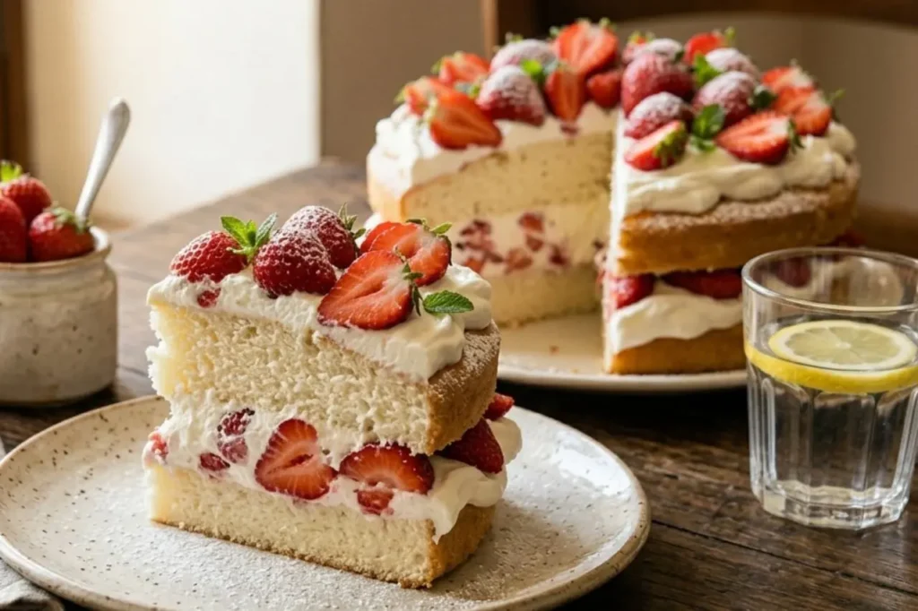 Fetta di torta Nuvola di fragole e panna altissima e soffice, farcita con panna montata e fragole fresche a pezzi, su piatto di ceramica e tavolo rustico, luce solare.
